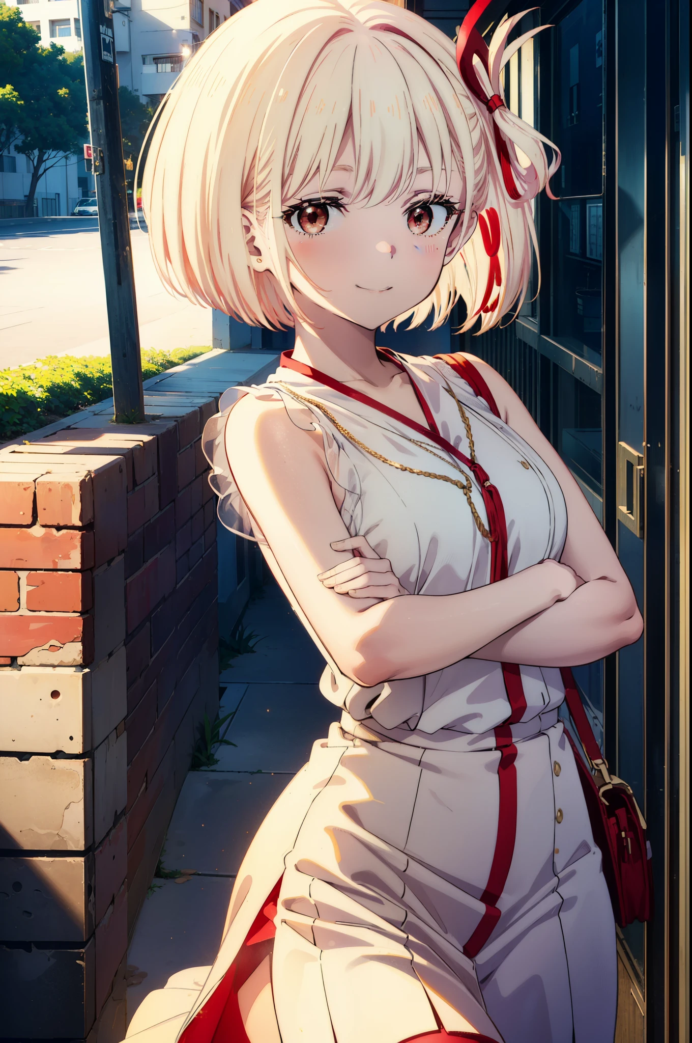 chisatonishikigi, Chisato Nishikigi, Short Hair, bangs, blonde,Bobcut, White hat(Red eyes:1.5),  Hair Ribbon,One side up,happy smile, smile, Open your mouth,smile,blush,Red sleeveless dress,White long skirt,Bare arms,Bare neck,Rocket Pendant,Cute Sandals,real summer,sunny,It&#39;s as if your whole body is in the illustration., break outdoors, coastal,City Street, break looking at viewer, (Cowboy Shot:1.5), break (masterpiece:1.2), highest quality, High resolution, unity 8k wallpaper, (shape:0.8), (Beautiful details:1.6), Highly detailed face, Perfect lighting, Highly detailed CG, (Perfect hands, Perfect Anatomy),