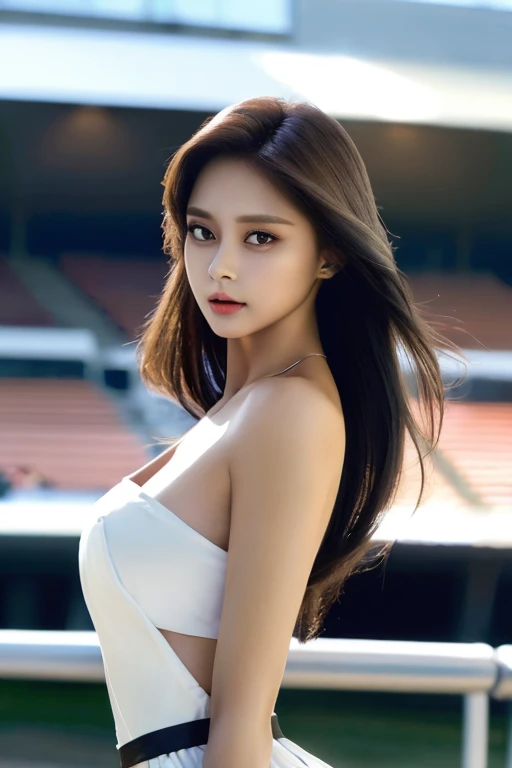 Tzuyu 1, woman, (Realistic), (Hyperrealism), (photoRealistic), Depth of written boundary, eye make up:0.7 (whole body:1.2), (Large Bust),(Tight waist), Watching the audience,In the pits at the racing track, Race Queen, Sexy dress with open shoulders and neckline