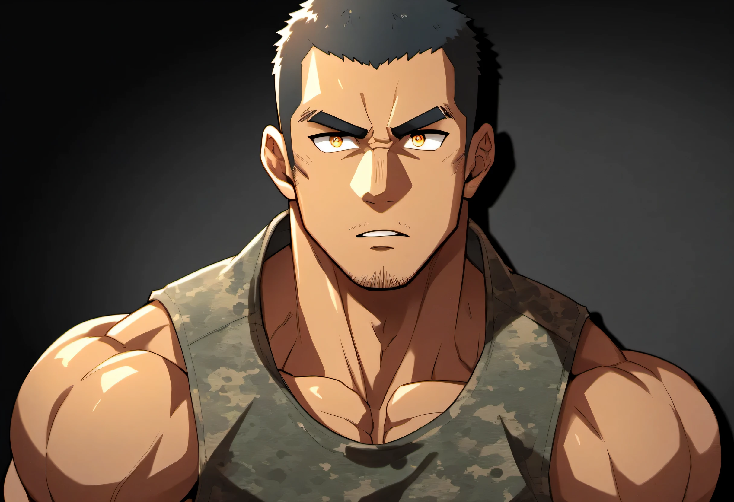 anime characters：Gyee, Fitness coach, Dark Black skin, 1 muscular tough guy, Manliness, male focus, Camouflage uniform, muscular male, muscular, only, Upper body, alone, Black short hair, Thick eyebrows, stubble, Yellow eyes, Black background, simple background, amazing quality, best aesthetics, Ridiculous, bright pupils, crew cut, parted lips, v-shaped eyebrows, jitome, drop shadow, best quality