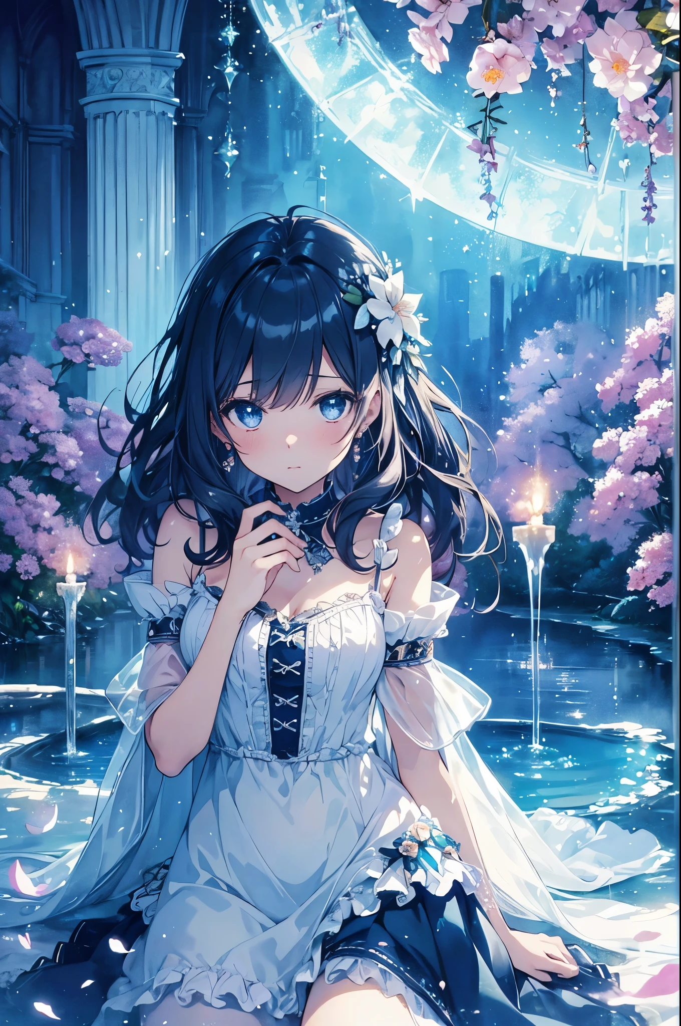 (high quality, 8k), (Soft Light), Iridescent, One Girl, Detailed face, Beautiful Eyes, watercolor paiting, So magical and dreamy, Dreamy details, Dreamy atmosphereとドラマ, Gorgeous atmosphere, Fantastic and beautiful lighting, Dreamy atmosphere, Beautiful atmosphere, Dreamy Romantic, Fantastic and dreamy theme, Magical atmosphere, Beautiful atmosphere, Anime Background Art, Magical atmosphere + Tabletop, Dreamy aesthetics, Beautiful details with atmosphere, Lots of flowers, bubble, water, garden, Sit on the ground, Shining Eyes