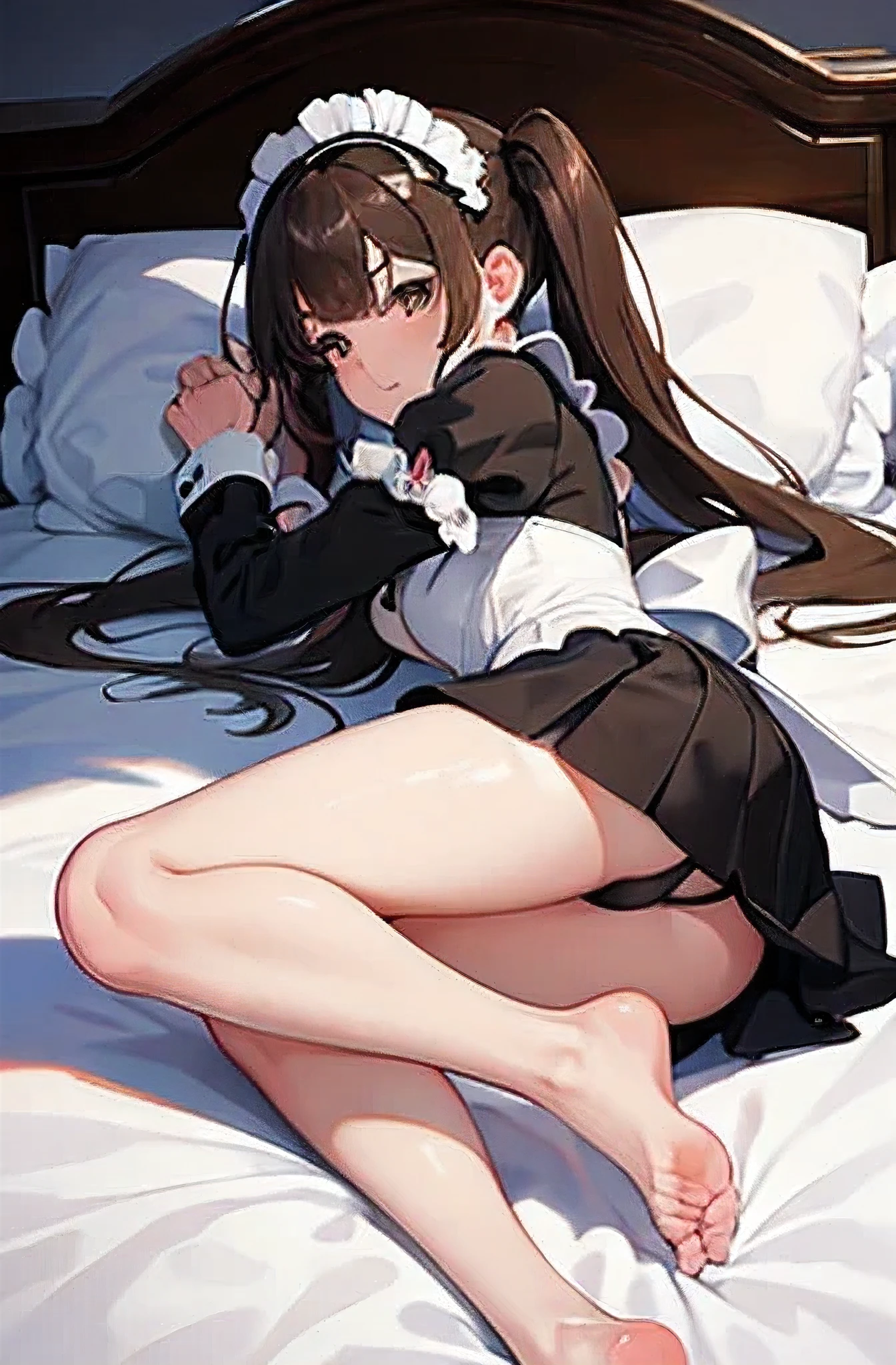 master piece, best quality, ultra-detailed, 1girl, maid costume, brown pigtails, brown eyes, showing panties, mini skirt, lie on bed, feet apart, enraptured expression