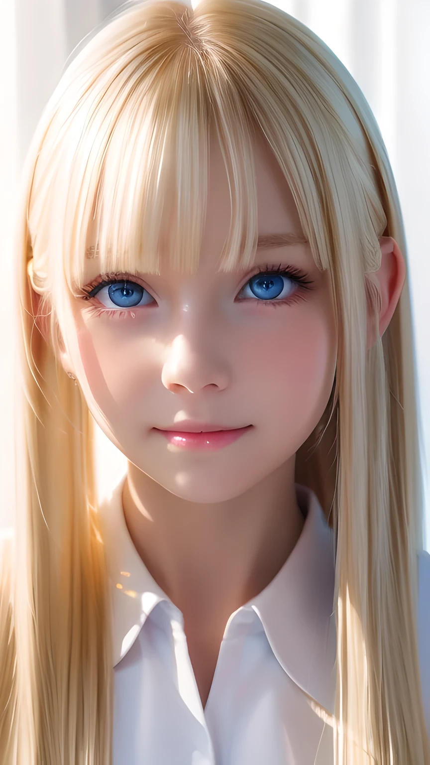 Portrait、、Bright expression、ponytail、Young, lustrous, glowing, white skin、The best beauty、Blonde reflection、Natural platinum blonde hair with dazzling highlights、Shiny bright hair,、Super long silky straight hair、Shiny beautiful bangs、Large, bright, blue eyes that sparkle and are captivating、Very beautiful lovely cute 16 year old girl、Ample Bust