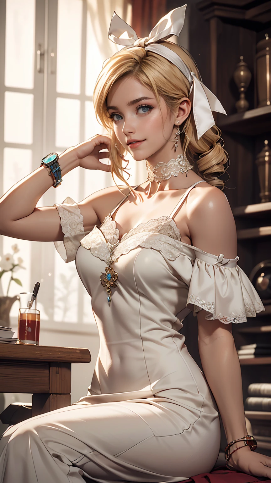 (8K, RAW Photos, highest quality, masterpiece:1.2), (Realistic, photo-Realistic:1.37)、Fashion model body type、Having her hair done、My chest is popping out、Wear accessories on your wrist、Wearing accessories on the ankle、Background blur((depth of field)、smile、White woman、Platinum Blonde、blue eyes、Vertical roll on one side((side drill))、Wear a lace-embellished off-the-shoulder top、Lower milk visible、I can see my belly button、Wear low rise leggings、Wear mules、smile、hair band((hair ribbon))、Wear a lace choker