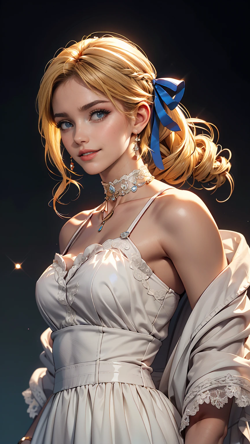 (8K, RAW Photos, highest quality, masterpiece:1.2), (Realistic, photo-Realistic:1.37)、fashion model body shape、Having her hair done、My chest is popping out、Wear accessories on your wrist、Wearing accessories on the ankle、Background blur((depth of field)、smile、White woman、Platinum Blonde、blue eyes、Vertical roll on one side((side drill))、Wear a lace-embellished one-shoulder dress、Wear mules、smile、hair band((hair ribbon))、Wear a lace choker、