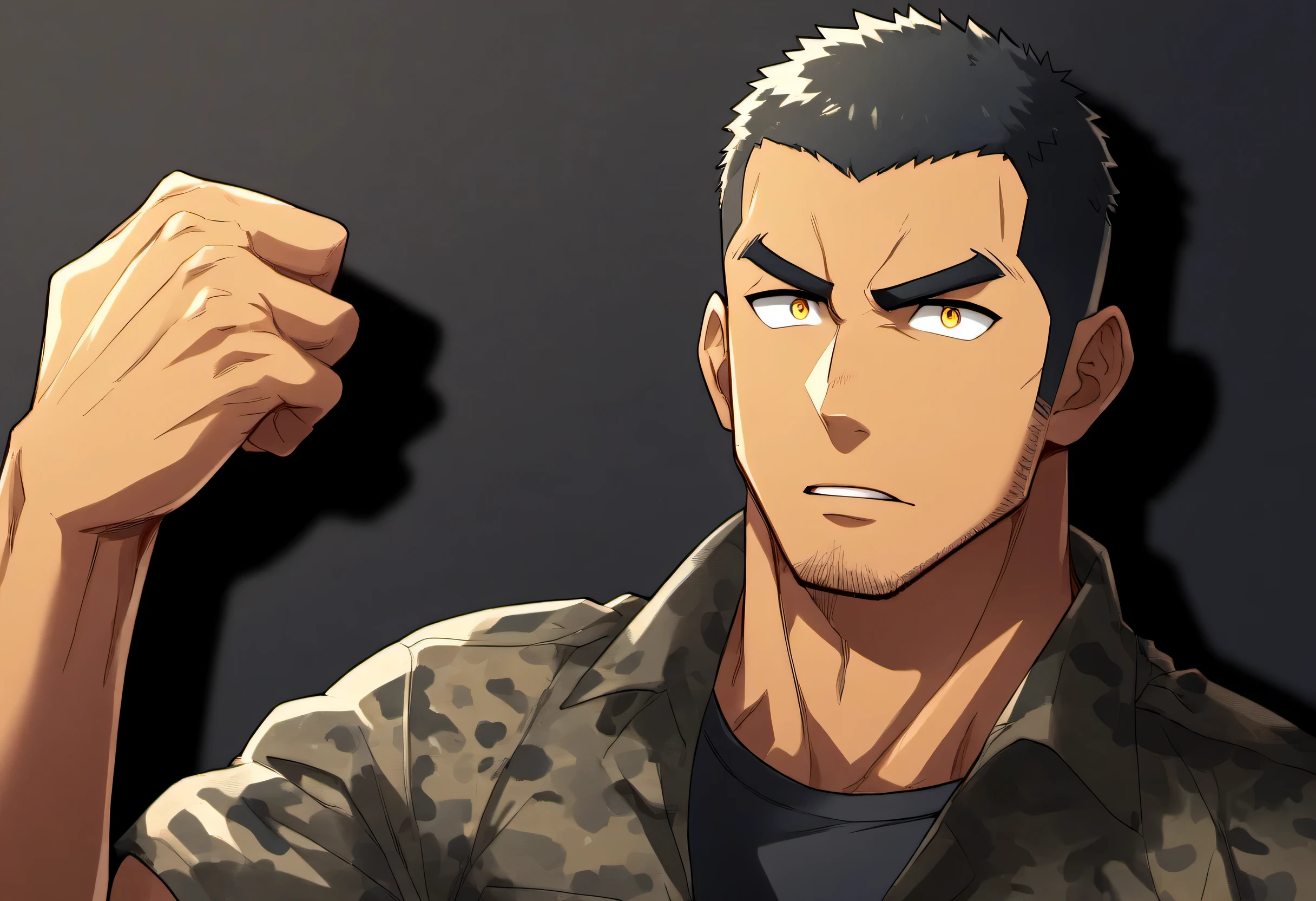 anime characters:Gyee, Fitness coach, Dark Black skin, 1 muscular tough guy, Manliness, male focus, Camouflage uniform, muscular male, muscular, only, Upper body, alone, Black short hair, Thick eyebrows, stubble, Yellow eyes, Black background, simple background, amazing quality, best aesthetics, Ridiculous, bright pupils, crew cut, parted lips, v-shaped eyebrows, jitome, drop shadow, best quality