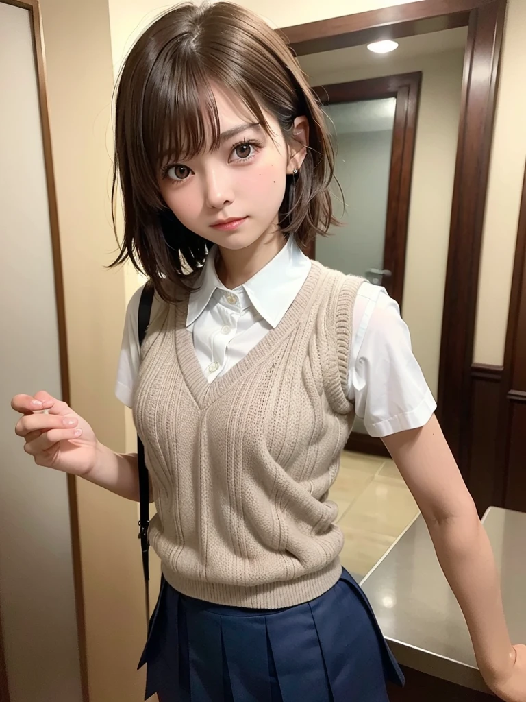 Masterpiece, Top Quality, Top Mikoto, brown eyes, short hair, small breasts, looking at viewer, alone, closed mouth, collared shirt, beige knit vest, dark blue Skirt, school_uniform, shirt, white_shirt, classroom,Masterpiece, highest quality, 8K, detailed skin texture, fine cloth texture, beautiful detailed face, intricate details, super detailed,cute,cute posing,composition that shows the whole body,