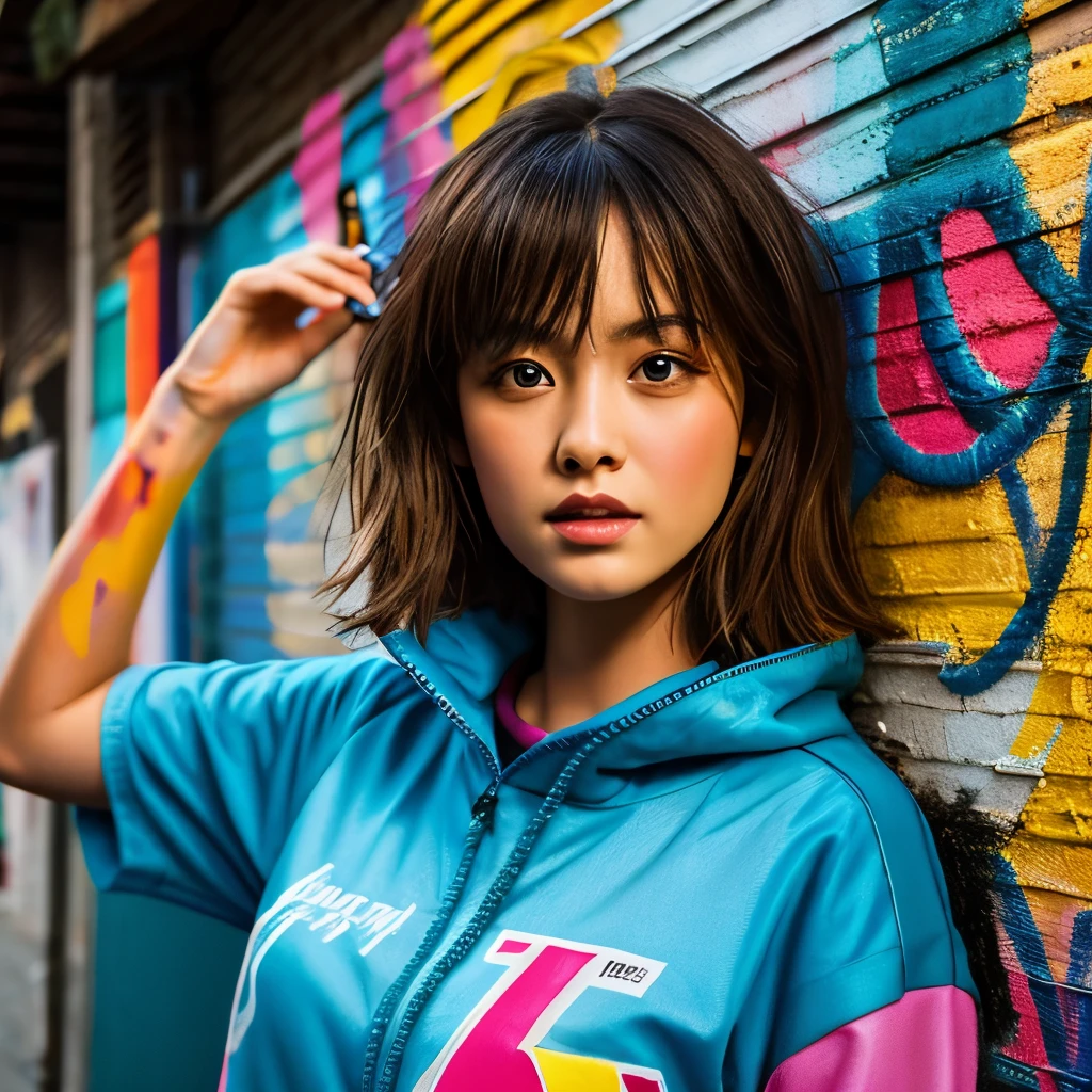 (highest quality), masterpiece, Highly detailed CG uniform 8K illustrations, High collar, extremely High collar saturation, All the colors have deepened, paint, Graffiti art, Center Configuration, Highly detailed lights and shadows, Graffiti wall, wall painted bright, A girl's graffiti A girl is staring at the wall, Highly detailed face and eyes, Medium length hair, Sportswear, Coloured Clouds