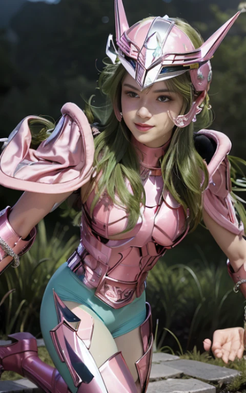 masterpiece, best quality, super high resolution, Practical skin texture, armature, (Practical:1.4), high resolution, original photo, Glowing skin, Practical skin texture, Optimal lighting, flash, Dramatic Lighting, Dynamic poses, (Greek temple background:1.3), Night Sky, universe, Milky Way, 1 boy, Balanced Eyes, Andromeda, Pink Armor, Roman skirt, (Breastplate: 1.5), Black, (Pink Helmet:1.3), (Looking at the audience: 1.3), Smile, (chain on arm: 1.3), Green leggings