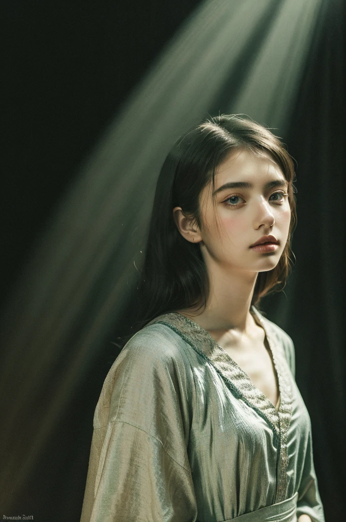 ( masterpiece, top quality, best quality,8k,17 years old girl,ultra detailed,raw photo:1.5),(photorealistic:1.4), (cinematic lighting), PerfectNwsjMajic, , Surrealism, UHD, ccurate, Super detail, textured skin, High detail, Best quality, dynamic angle, White skin,[Beautiful blue eyes], high nose,[flat chest:large breasts:0.5],(1girl),(good anatomy:0.5)), Dreamy atmosphere, Dark-toned background, expressive brush strokes, mystical ambiance, Artistic interpretation, Stunning Studio Ghibli style costumes, a whimsical illustration, Subtle colors and tones, mystical aura, portrait