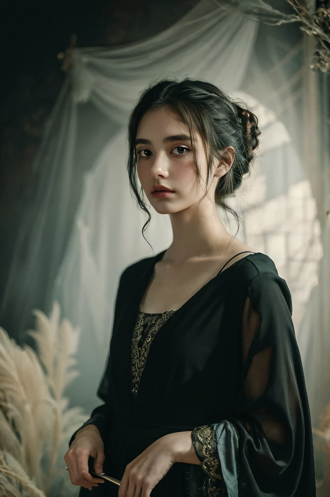 ( masterpiece, top quality, best quality,8k,s old girl,ultra detailed,raw photo:1.5),(photorealistic:1.4), (cinematic lighting), PerfectNwsjMajic, , Surrealism, UHD, ccurate, Super detail, textured skin, High detail, Best quality, dynamic angle, White skin,[Beautiful blue eyes], high nose,[flat chest:large breasts:0.5],(1girl),(good anatomy:0.5)), Dreamy atmosphere, Dark-toned background, expressive brush strokes, mystical ambiance, Artistic interpretation, Stunning Studio Ghibli style costumes, a whimsical illustration, Subtle colors and tones, mystical aura, portrait