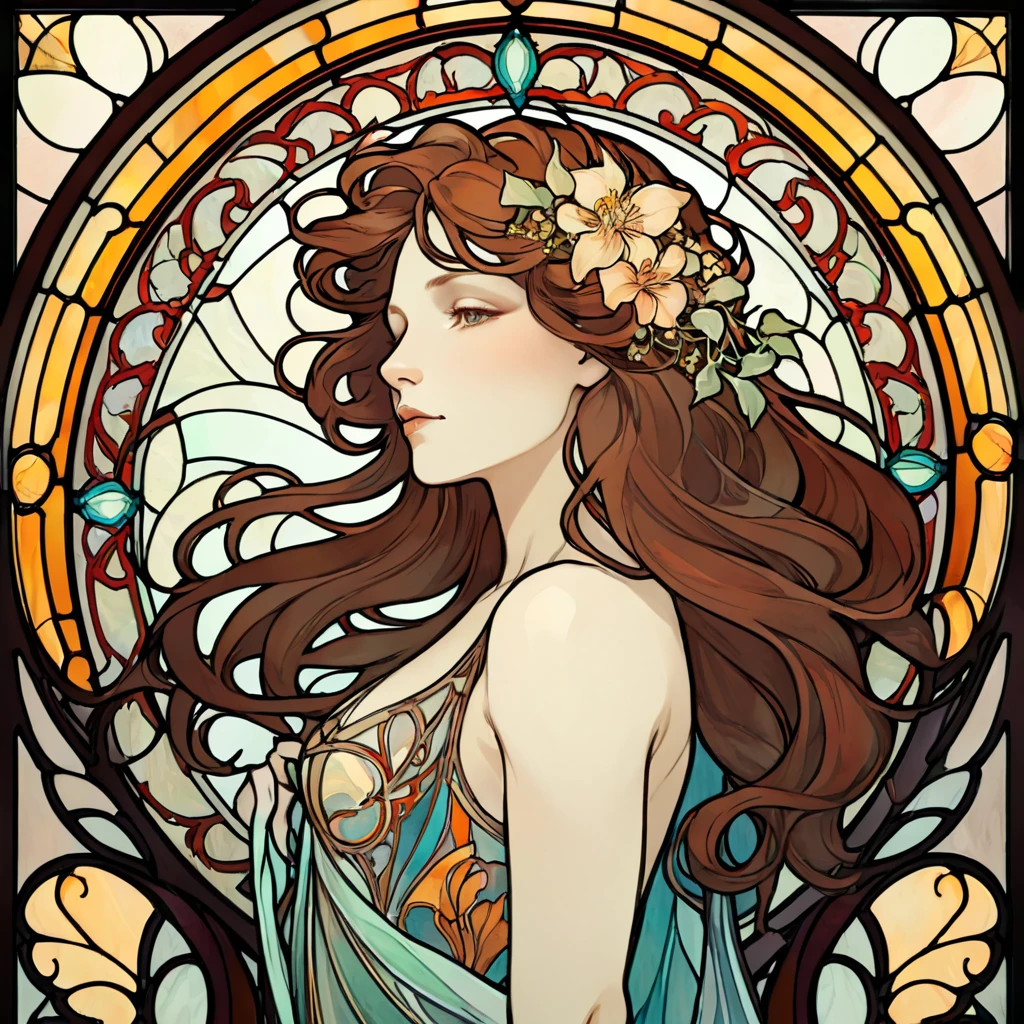 An elegant Art Nouveau stained glass portrait of a woman with flowing hair and intricate floral patterns, in the style of Alphonse Mucha&#39;s iconic works.