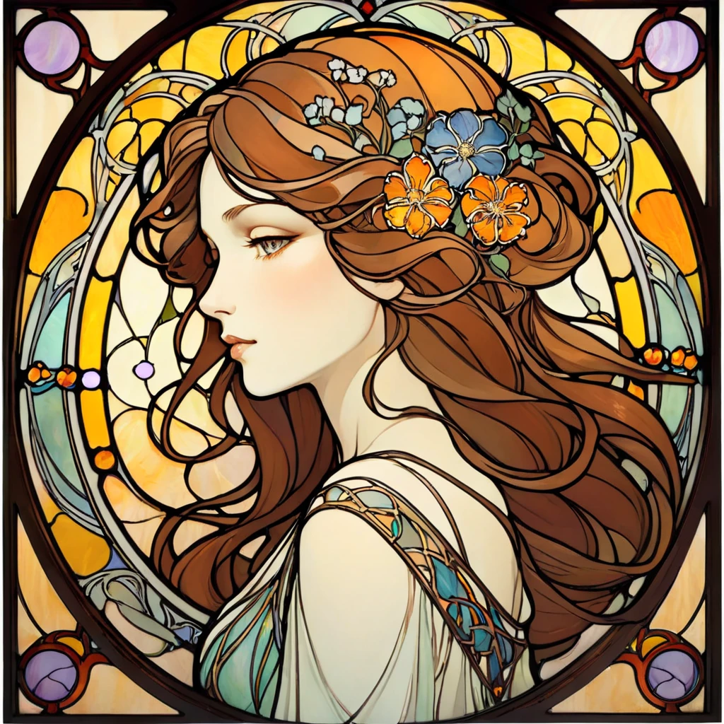 An elegant Art Nouveau stained glass portrait of a woman with flowing hair and intricate floral patterns, in the style of Alphonse Mucha's iconic works.