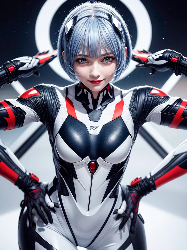 Masterpiece, highest quality, 8K, detailed skin texture, fine cloth texture, beautiful detailed face, intricate details, super detailed, portrait of Rei Ayanami, blue hair, red eyes, looking far away, no background, Evangelion Wearing a plug suit when riding, plug suit, whole body visible, standing, arms crossed, , beautiful, cute, great style, smiling,composition that shows the whole body,