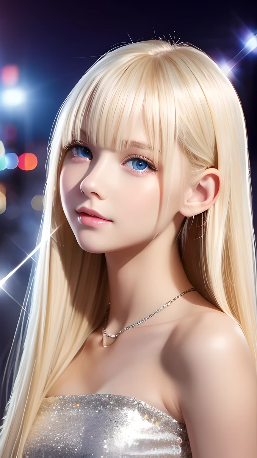 Portrait、、Bright expression、ponytail、Young, lustrous, glowing, white skin、The best beauty、Blonde reflection、Natural platinum blonde hair with dazzling highlights、Shiny bright hair,、Super long silky straight hair、Shiny beautiful bangs、Large, bright, blue eyes that sparkle and are captivating、Very beautiful lovely cute 16 year old girl、Ample Bust