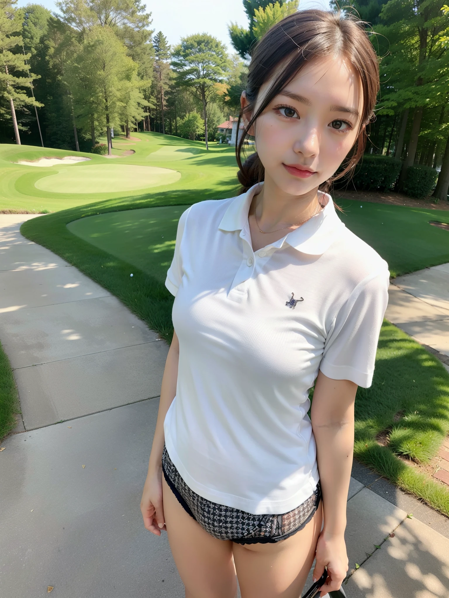 absurdres, RAW photo, extremely delicate and beautiful, masterpiece, Best Quality, ultra high resolution, 32k, hyperrealistic, ultra-detailed, in her 20s, delicate facial features, tearful mole, earring, medium , full body shot, shorter middle hair, black hair, ((golf uniform)), shirt, shorts,