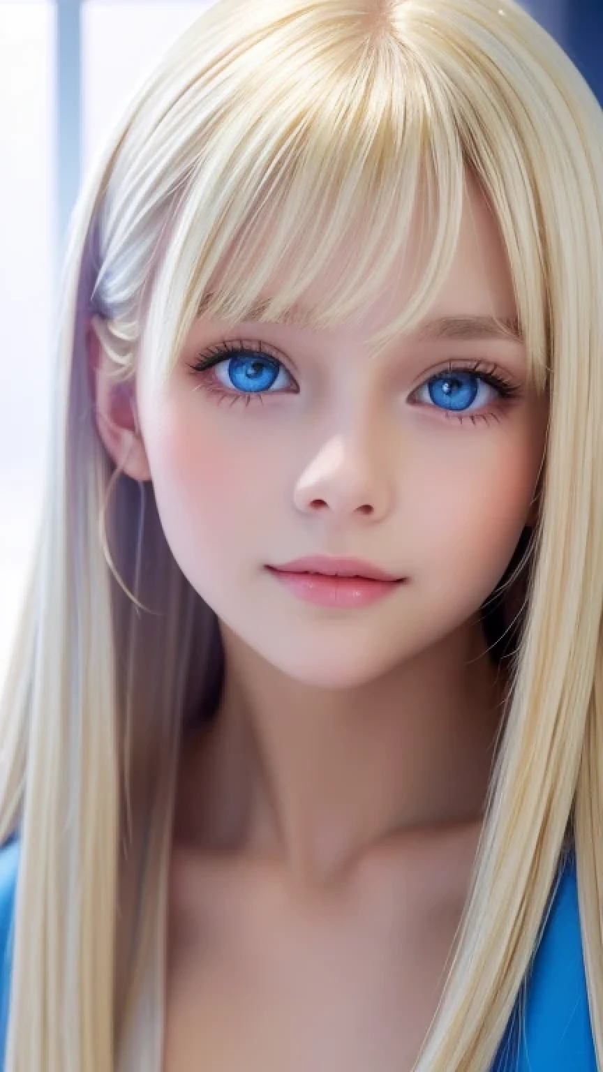 Portrait、、Bright expression、ponytail、Young, lustrous, glowing, white skin、The best beauty、Blonde reflection、Natural platinum blonde hair with dazzling highlights、Shiny bright hair,、Super long silky straight hair、Shiny beautiful bangs、Large, bright, blue eyes that sparkle and are captivating、Very beautiful lovely cute 16 year old girl、Ample Bust