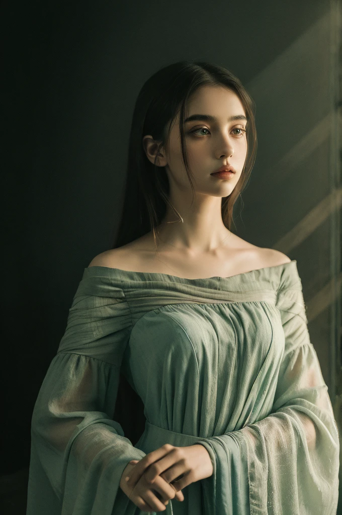 ( masterpiece, top quality, best quality,8k,17 years old girl,ultra detailed,raw photo:1.5),(photorealistic:1.4), (cinematic lighting), PerfectNwsjMajic, , Surrealism, UHD, ccurate, Super detail, textured skin, High detail, Best quality, dynamic angle, White skin,[Beautiful blue eyes], high nose,[flat chest:large breasts:0.5],(1girl),(good anatomy:0.5)), Dreamy atmosphere, Dark-toned background, expressive brush strokes, mystical ambiance, Artistic interpretation, Stunning Studio Ghibli style costumes, a whimsical illustration, Subtle colors and tones, mystical aura, portrait