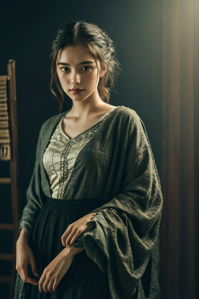 ( masterpiece, top quality, best quality,8k,17 years old girl,ultra detailed,raw photo:1.5),(photorealistic:1.4), (cinematic lighting), PerfectNwsjMajic, , Surrealism, UHD, ccurate, Super detail, textured skin, High detail, Best quality, dynamic angle, White skin,[Beautiful blue eyes], high nose,[flat chest:large breasts:0.5],(1girl),(good anatomy:0.5)), Dreamy atmosphere, Dark-toned background, expressive brush strokes, mystical ambiance, Artistic interpretation, Stunning Studio Ghibli style costumes, a whimsical illustration, Subtle colors and tones, mystical aura, portrait