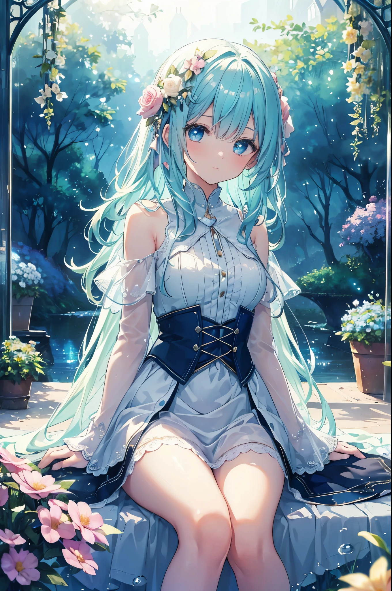 (high quality, 8k), (Soft Light), Iridescent, One Girl, Detailed face, Beautiful Eyes, watercolor paiting, So magical and dreamy, Dreamy details, Dreamy atmosphereとドラマ, Gorgeous atmosphere, Fantastic and beautiful lighting, Dreamy atmosphere, Beautiful atmosphere, Dreamy Romantic, Fantastic and dreamy theme, Magical atmosphere, Beautiful atmosphere, Anime Background Art, Magical atmosphere + Tabletop, Dreamy aesthetics, Beautiful details with atmosphere, Lots of flowers, bubble, water, garden, Sit on the ground, Shining Eyes
