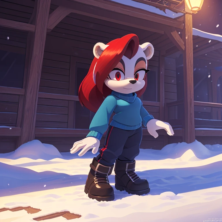 (((mobian, polar bear, female, teenager, well built, average , long straight hair, hair dow to middle of back, tied into ponytail, crimson hair with a white streak, red eyes, tomboy, snow pants, blue sweater, heavy boots, front view))), (((open tundra))), (((masterpiece, hd, 8k, highly detailed, studio quality, best quality, intricate detail, high quality, high detail, high resolution, detailed hands, studio lighting, detailed shadows, raytracing, digital art, featured on pixiv, the most beautiful image ever seen, realistic)))