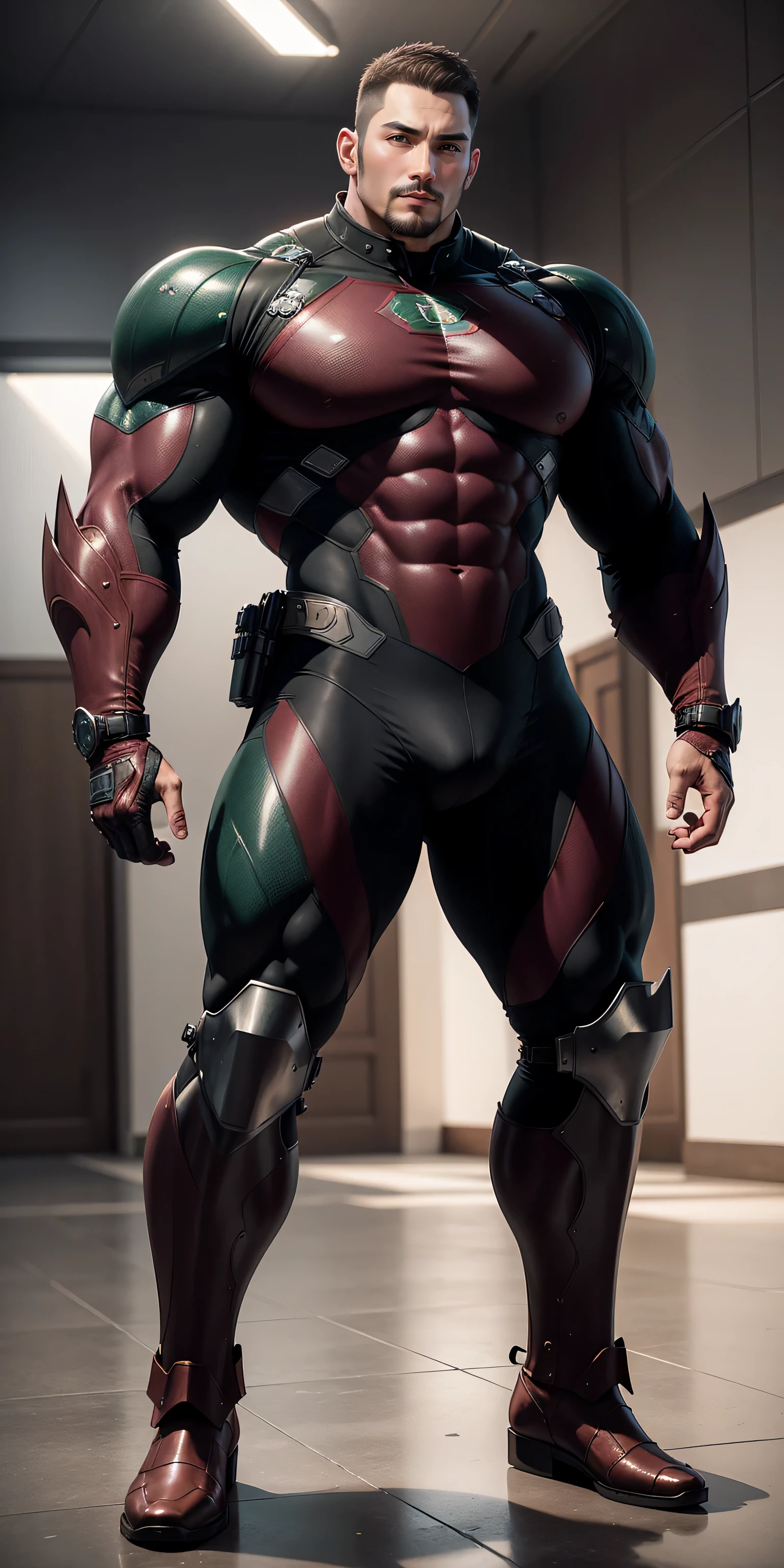 Tall giant muscular police officer,Wine red honeycomb pattern nano mecha,Honeycomb pattern,Lightweight texture,Character Concept(Resident Evil - Chris Redfield,Chris Redfield)senior police officer,Small grid texture,Regular symmetrical texture pattern,Sad expression,Deep and charming eyes,Emerald Eyes Hero,Heroic male pose,Tall burly,muscular!Attractive leg muscles,High, Burly, Heqiang, Super Buff and Coolness, High Resolution Committee, Bigfoot Burgundy Ultra-thin Nano-Mechanical Boots,Charismatic strongman,The bright sunshine shines on you,Matte particles,Shiny texture
