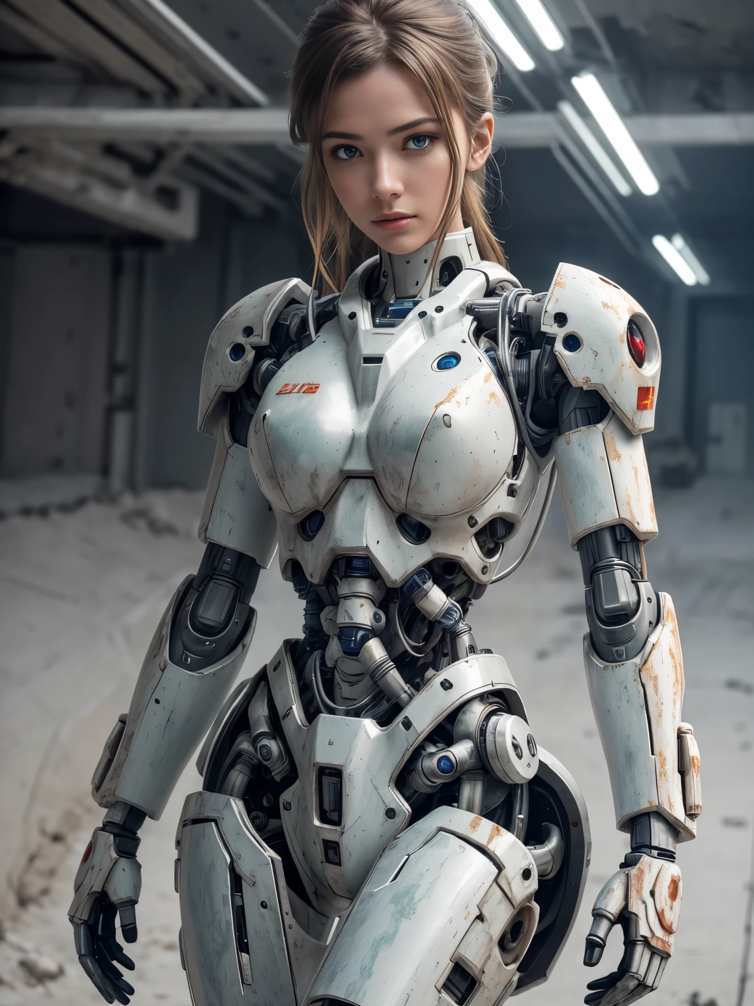 ((masterpiece, highest quality, Highest image quality, High resolution, photorealistic, Raw photo, 8K)), Abandoned robot soldier on battlefield, broken and immobile, rust and moss showing passage of time, female cyborg body, female body, biomechanical , extra detailed body, blowjob white mech, white biomechanical details, detailed body, shiny white armor, cybernetic body, eva unit-00 on back, full body details, 