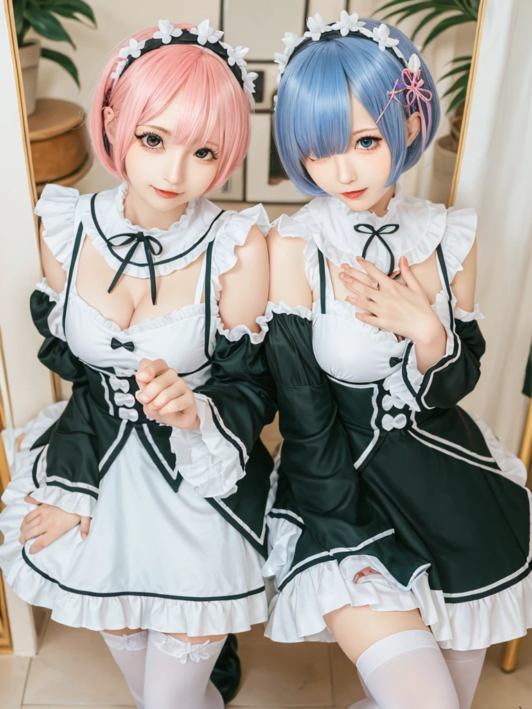 (8K, Photorealistic, Raw photo, of the highest quality: 1.3), (1girl in), Super beautiful, (Realistic face), (boyish, light blue Color Berry Shorthair),(8K, Photorealistic, Raw photo, of the highest quality: 1.3), (1girl in), Super beautiful, (Realistic face), (boyish, pink Color Berry Shorthair), Beautiful , Glare that captivates the viewer, Beautiful expression, Beautiful breasts, (Realistic skin), Be...Create a detailed and colorful image of Ram and Rem from Re:Zero, standing back-to-back in their maid outfits, with a magical fantasy background、14years old, two girls,cute, perfect face, beautiful, nice body, gothic lolita clothes, gothic lolita fashion, frilly skirt, headdress, necklace, bracelet, knee-high socks, boots, double eyelids, tear bags, Detailed down to the fingers, photo-like description, indoors, dim indoor lighting, one girl is pink hair and short bob, another girl is light blue hair and short bob,standing, whole body, composition that shows the whole body, smiling,The Both of them are wearing the same type of maid outfit
