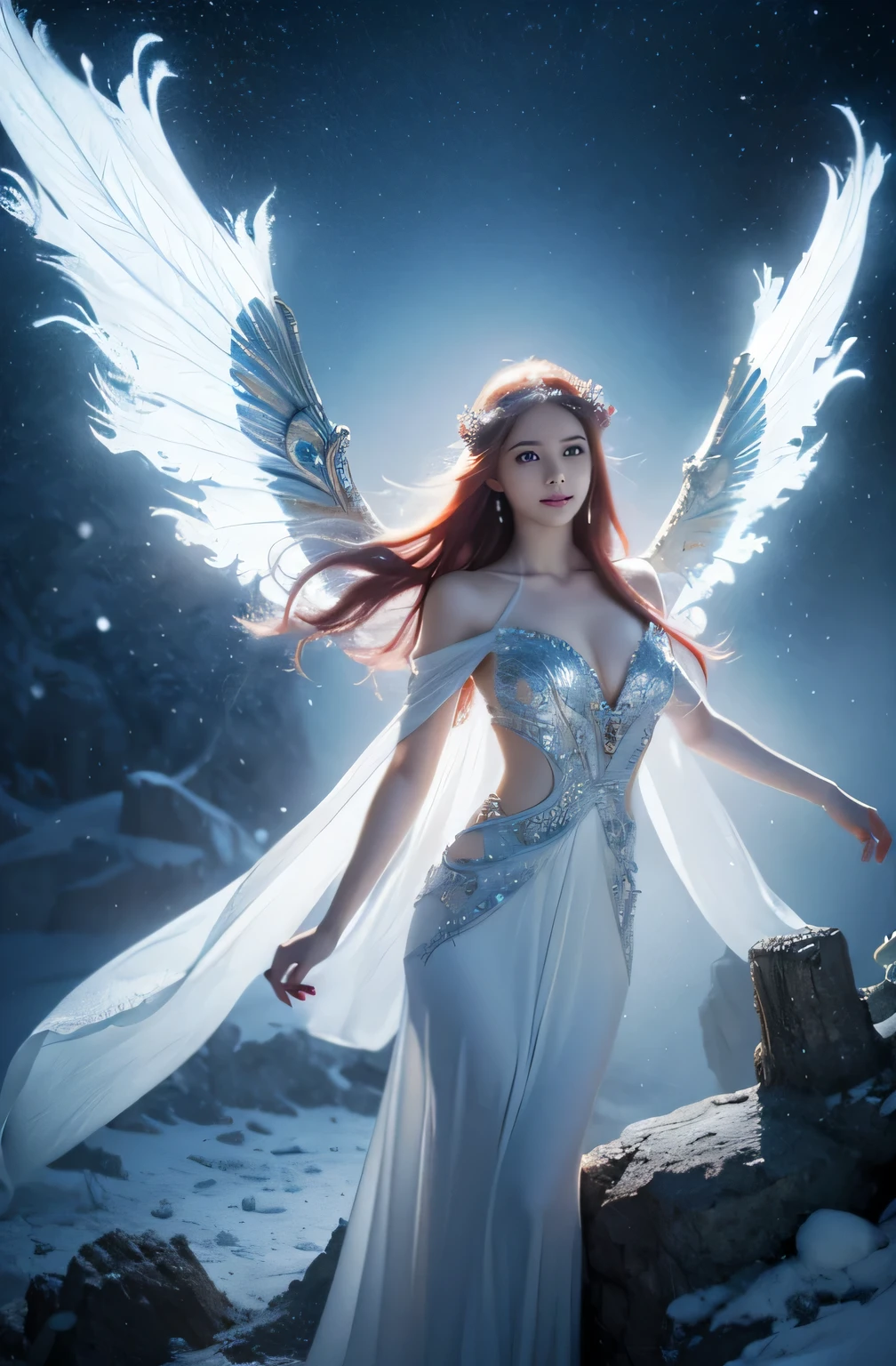 A most charming woman in a white dress with Red hair spreads her wings on her back，flying in Blue sky, by Cynthia Sheppard（by Cynthia Sheppard）Airbrush painting, deviantart contest winner, Fantasy art, goddess of winter, White witch, flod, beautiful and elegant female elf, centered elven, High quality fantasy art, Winter queen, Female elf, ice sorceress, beautiful fantasy art, breathtaking fantasy art