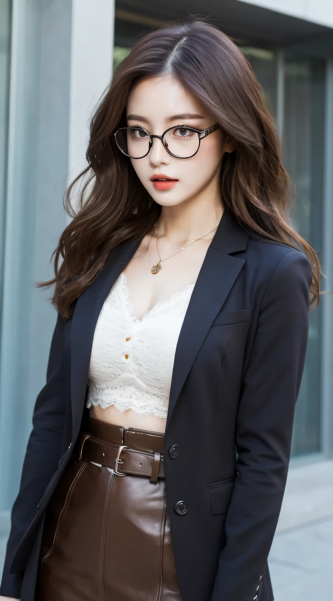 (best quality, high resolution, masterpiece :1.3), A tall woman、Beautiful woman, Lean abdominal muscles, Dark brown wavy hair, Chest,Lace,Suit,Glasses, Wearing a Pendant, White Button-Down Shirt, belt, Black skirt, (modern architecture background), Exquisite details of face and skin texture, Exquisite eyes, Double eyelids