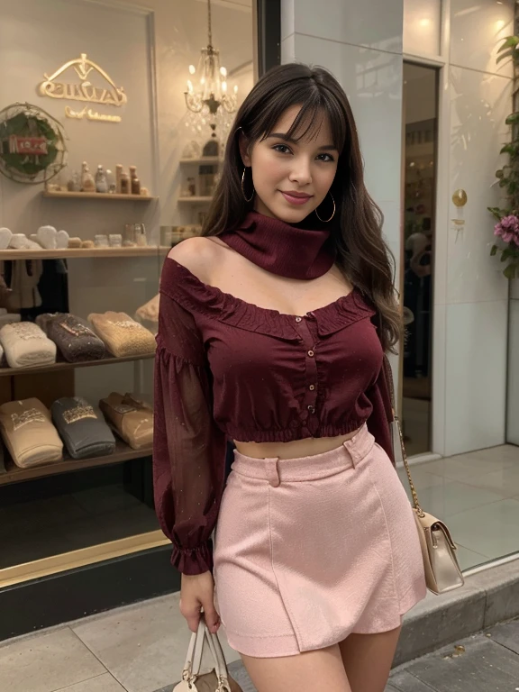 Lovely and smiling solo Bettie Page,, in front of the boutique, (textura da mais alta qualidade), frente de loja boutique, exibir vitrines cheias de itens interessantes, qualidade do filme, mulher vestida com moda de alto estilo, she wears a red velvet scarf, (highest level red velvet texture detail, luxuoso), maxi saia longa de veludo vermelho, botas pretas de salto alto,luvas de couro pretas apertadas,Bolsa de ombro,she is in front of a beautiful boutique ,luz de velas suave nas janelas, Gorgeous Rembrandt as Lighting, (Remendo de Rembrandt), (detalhes de janela da mais alta qualidade), boutique descolada no fundo, cabelo escuro longo e sedoso, franja de cabelo nos olhos, cada detalhe,beautiful facial features, Masterpiece – Masterpiece ○○ quality – ○○ quality melhor quality(mais alta qualidade) ,Leica film, melhor, apenas feminino, alta qualidade (alta qualidade) etc ○○ detailed – ○○ ultra detailed details(ultrafino ), fotorrealista, extremamente detalhado(extremamente detalhado) , finamente detalhado(Fine-grained), (textura de pele com mais detalhes, realistic peach earlobe) etc ○○ res – ○○ resolution ultra high resolution(A high resolution) , very high texture resolution(light resolution), Realistic – Realistic fotorrealista – photorealistic beautiful – beautiful 4k , 8k, artistic store front, Close and intimate,