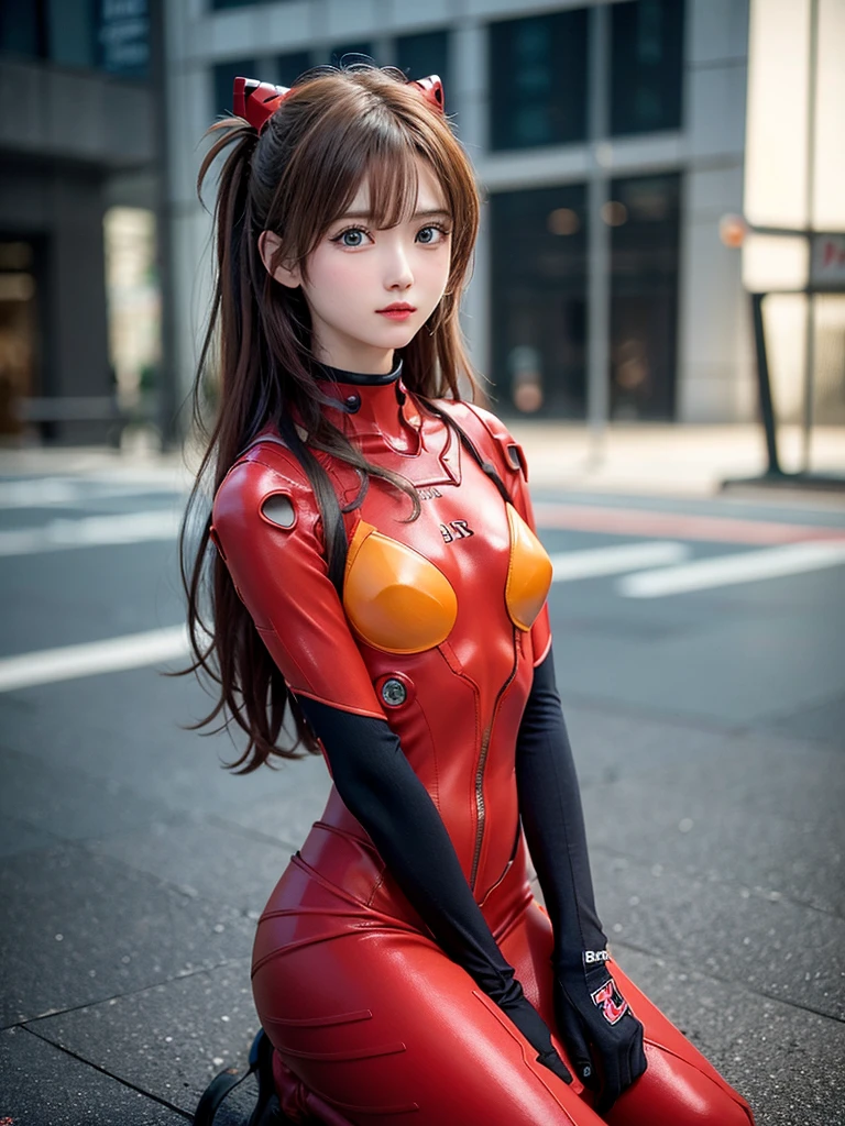 asukalangley, Asuka Langley Soryu, hair between eye, Orange hair, Long sleeves, plugsuit, Red bodysuit, BREAK outdoors, city, looking at the viewers, (masutepiece:1.2), Best Quality, High resolution, Unity 8k壁纸, (Illustration:0.8), (Beautiful detailed eyes), extra detailed face, Perfect Lighting, extremely details CG, (Perfect hands, Perfect Anatomy),A smile、cute little、a picture