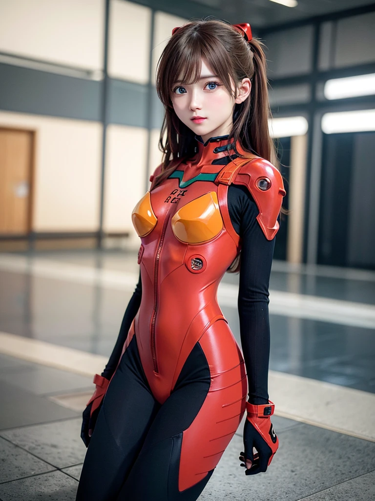 ((Best quality)), ((Masterpiece)), (Details: 1.4), 3D, Asuka Langley Soryu, Asuka, high resolution (high dynamic range), ray tracing, NVIDIA, super resolution, Unreal 5, subsurface scattering ,PBR texturing, post-processing, anisotropic filtering, depth of field, maximum sharpness and sharpness, multi-layered textures, albedo and specular maps, surface shading, accurate simulation of light and matter interaction, perfect proportions ,Octane Rendering,Two-Tone Lighting,Wide Aperture,Low ISO,White Balance,Rule of Thirds,8K RAW,(Masterpiece: 1.4, Best Quality), (Intricate Details), Unity8k Wallpaper, Highly Detailed, Beautiful and Mysterious, Details background, realistic, alone, perfectly detailed face, detailed blue eyes, highly detailed, blush, hair ornament, chignon mahogany hair, (blonde), plug suit 02, Shikinami Asuka Langley, Evangelion, Slender 15-year-old girl, full body suit, black background, above the waist,composition that shows the whole body,