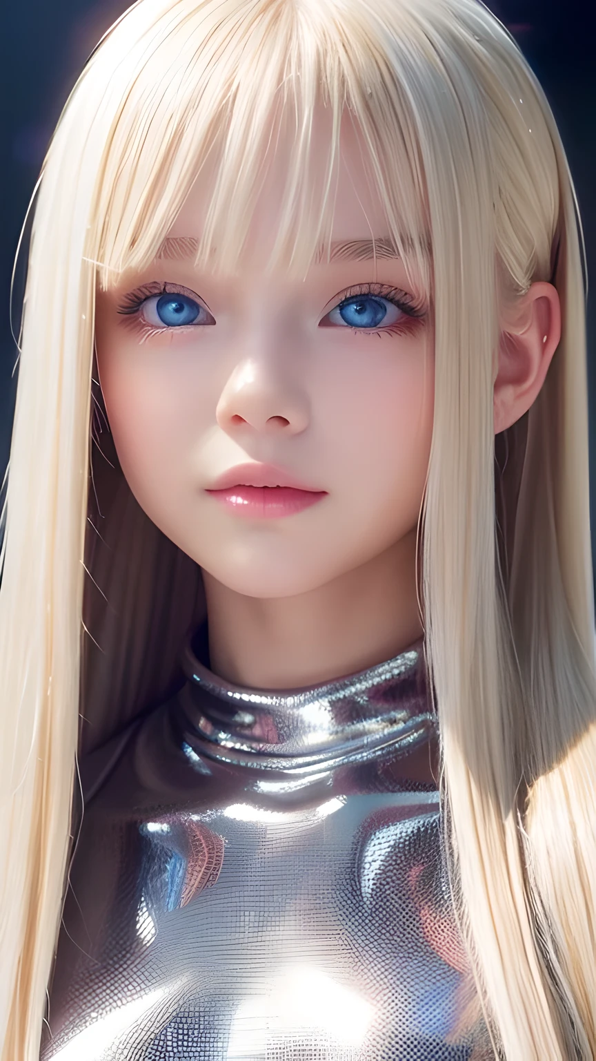 Portrait、、Bright expression、ponytail、Young, lustrous, glowing, white skin、The best beauty、Blonde reflection、Natural platinum blonde hair with dazzling highlights、Shiny bright hair,、Super long silky straight hair、Shiny beautiful bangs、Large, bright, blue eyes that sparkle and are captivating、Very beautiful lovely cute 16 year old girl、Ample Bust