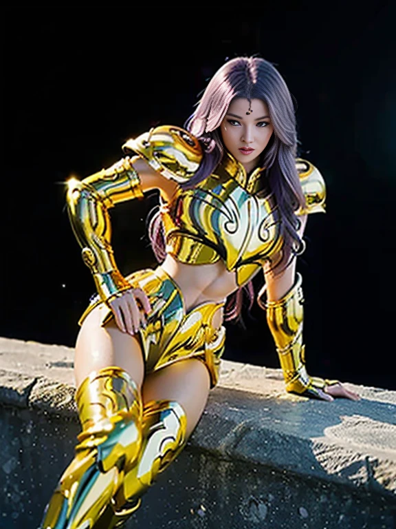 Super high saturation（masterpiece）， Full body image，（Best quality）， （1 girl），purple hair,  Wearing shining golden armor， Sexy lingerie type armor，Show your breasts，Expose the waistline，Show your thighs，cool pose， Saint Seiya Armor， Messy hair，High Detail, anime style, Movie Lighting, spark, Divine Light, Ray Tracing, Film Grain, Ultra HD, textured skin, Super Detail, anatomically correct, high resolution，Super high saturation，High contrast，high gloss armor，Smooth skin，a sinister sneer，Realistically，（masterpiece，Top quantity，Best quality，official art，Beauty and aesthetics：1.2），Very detailed，Fractal art，Colorful