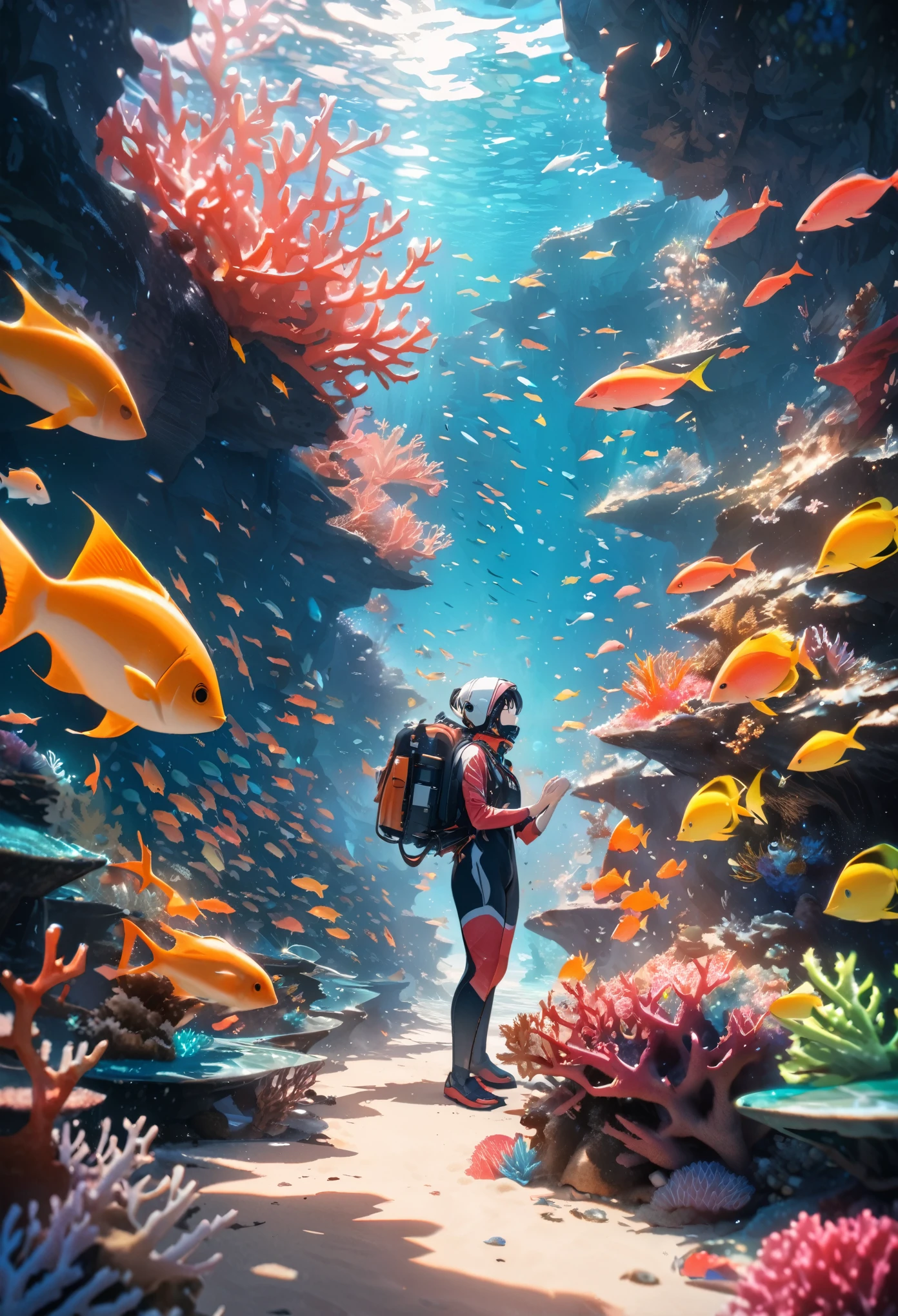 (best quality,8k,highres, masterpiece:1.2), ultra-detailed,Beautiful seabed background, coral flowers blooming in seven colors in the middle part of the sand on the seabed, people in diving suits are stretching out their hands to the flowers, schools of fish passing by in the distance, colorful fish, warm tropical seas, only around the coral flowers shine brighter than others,(side view),