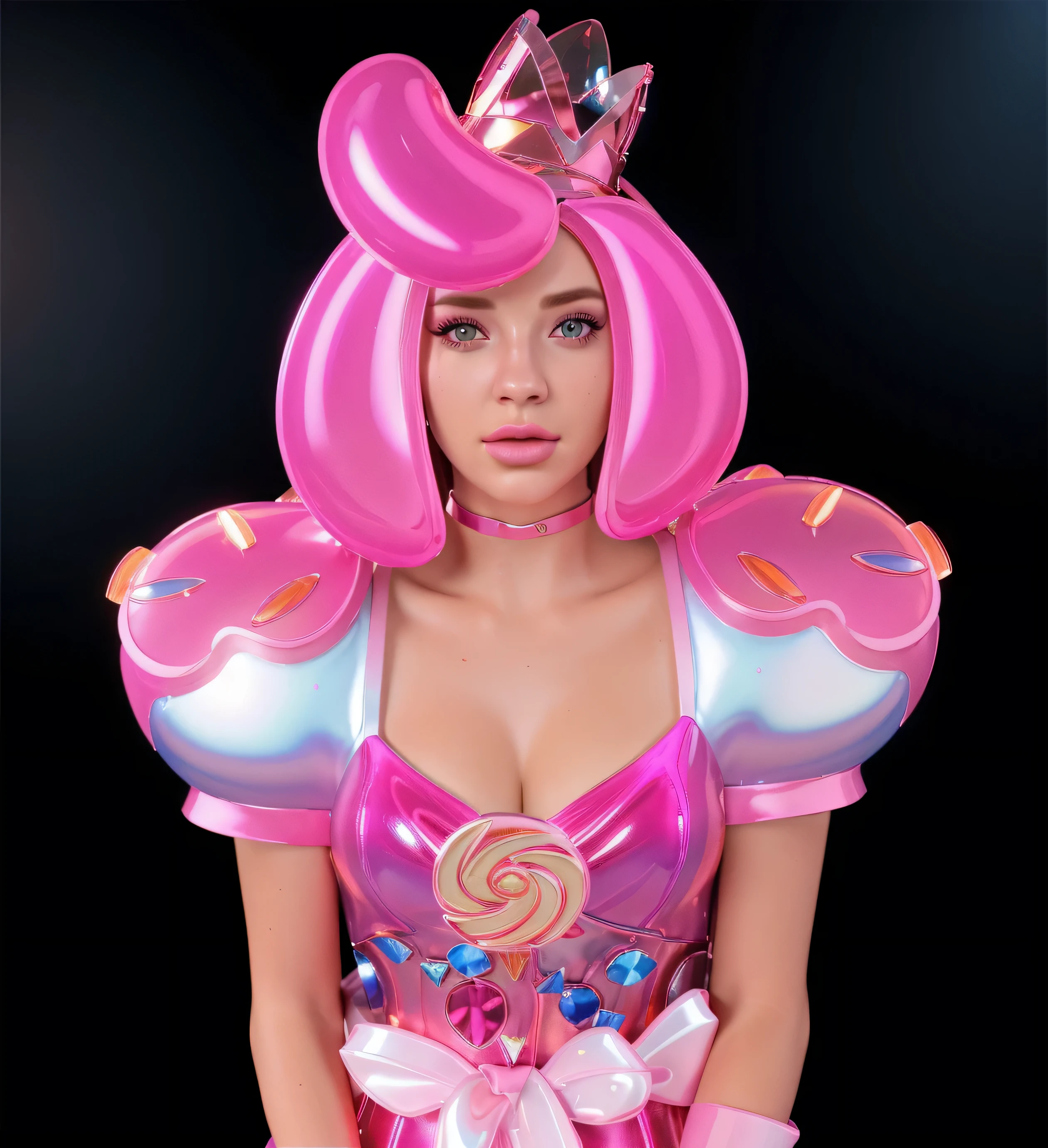 A queen made of candy, with pink icing, a crown, and two hands. She is wearing a pink dress and standing on a blue surface. outfit made of candies melting glossy. glossy texture, smooth 3d model, multiple light sources, rim light, sharp post effects render, (glossy plastic texture with multiple big light probe refractions), perfect cgi, smooth silhouette, high intensity refraction, (super glossy material), most beautiful vfx, blue background, plastic refractions, realistic, 4k, high resolution, rim light, photo shoot, commercial photo, profile shot, 4k, rim light, high resolution, 4k, glossy texture, smooth 3d model, multiple light sources, rim light, sharp post effects render, (glossy metallic texture with multiple big light probe refractions), perfect cgi, cgi art created only with gradients, smooth silhouette, high intensity refraction, (super glossy chrome material), most beautiful vfx, blue background, chrome metal refractions, multiple light sources, rim light, sharp post effects render, perfect cgi, digital art, detailed digital art, reflective, best quality, 4k, masterpiece:1.2, ultra-detailed, realistic, vivid colors, dark and moody lighting, The image of the highest quality, ensuring every detail showcased perfectly. It in 4k resolution, allowing viewers to immerse themselves in the richness of the colors and intricate details. The realistic rendering. under the spotlight, reflecting, high-resolution image, realistic rendering, dark background, and rim light photorealistic