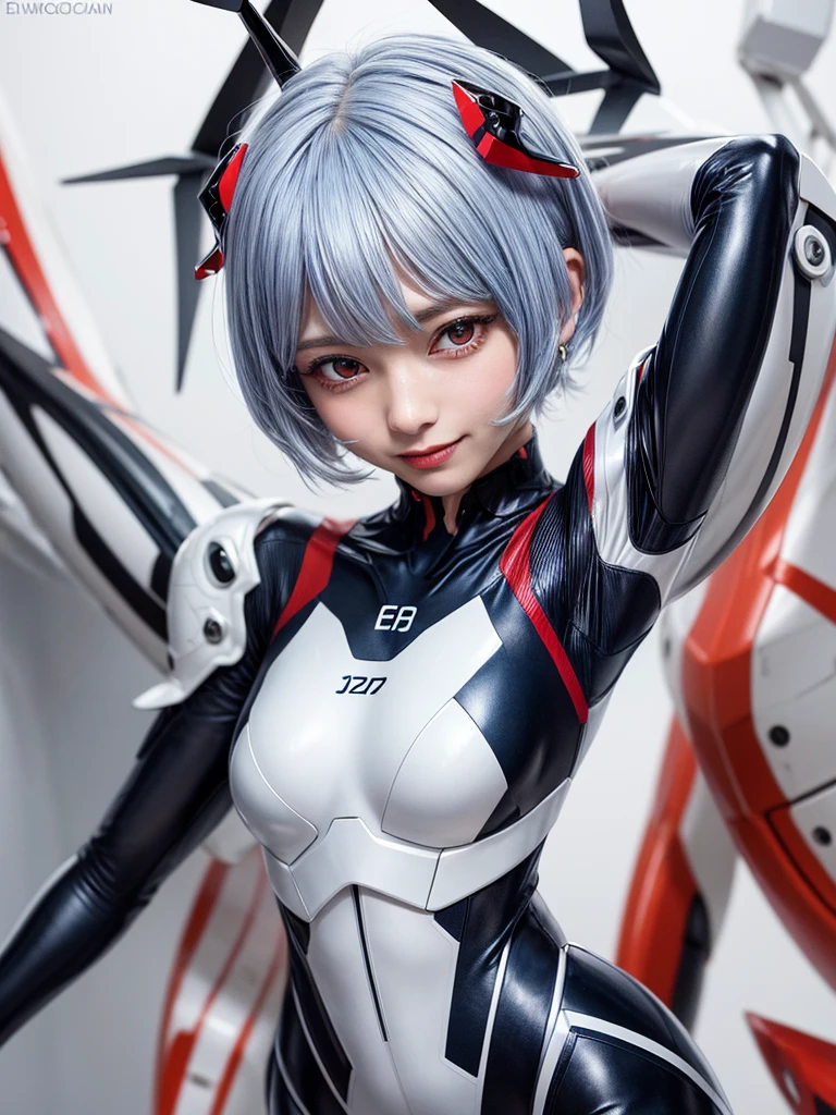 Masterpiece, highest quality, 8K, detailed skin texture, fine cloth texture, beautiful detailed face, intricate details, super detailed, portrait of Rei Ayanami, blue hair, red eyes, looking far away, no background, Evangelion Wearing a plug suit when riding, plug suit, whole body visible, standing, arms crossed, 15 years old, beautiful, cute, great style, smiling