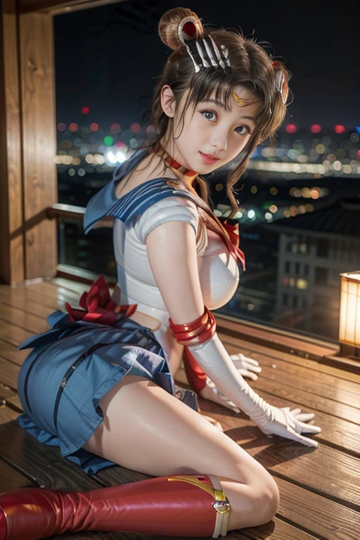 (Random Sailor Moon poses)、(Sailor Moon Costume:1.0),(bangs)、(Beautiful Japanese Girls:1.5)、(Detailed face、blue eyes:1.2)、Huge breasts:1.5、(skirt:1.0)、(Red Boots)、(On the roof of a New York skyscraper)、(With the full moon at my back),(Angle from below)、(At S.F.W.:1.2),(evil grin)