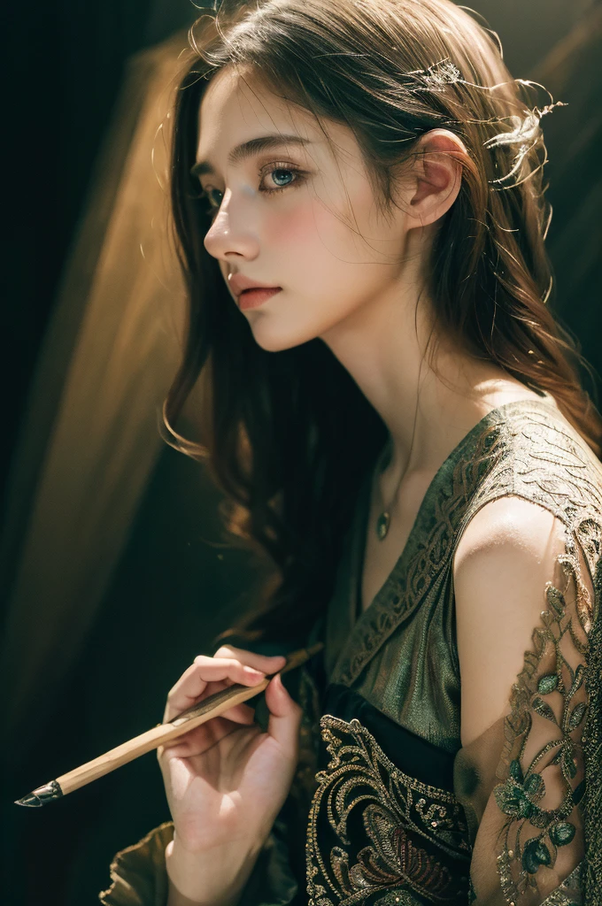 ( masterpiece, top quality, best quality,8k, girl,ultra detailed,raw photo:1.5),(photorealistic:1.4), (cinematic lighting), PerfectNwsjMajic, , Surrealism, UHD, ccurate, Super detail, textured skin, High detail, Best quality, dynamic angle, White skin,[Beautiful blue eyes], high nose,[flat chest:large breasts:0.5],(1girl),(good anatomy:0.5)), Dreamy atmosphere, Dark-toned background, expressive brush strokes, mystical ambiance, Artistic interpretation, Stunning Studio Ghibli style costumes, a whimsical illustration, Subtle colors and tones, mystical aura, Face