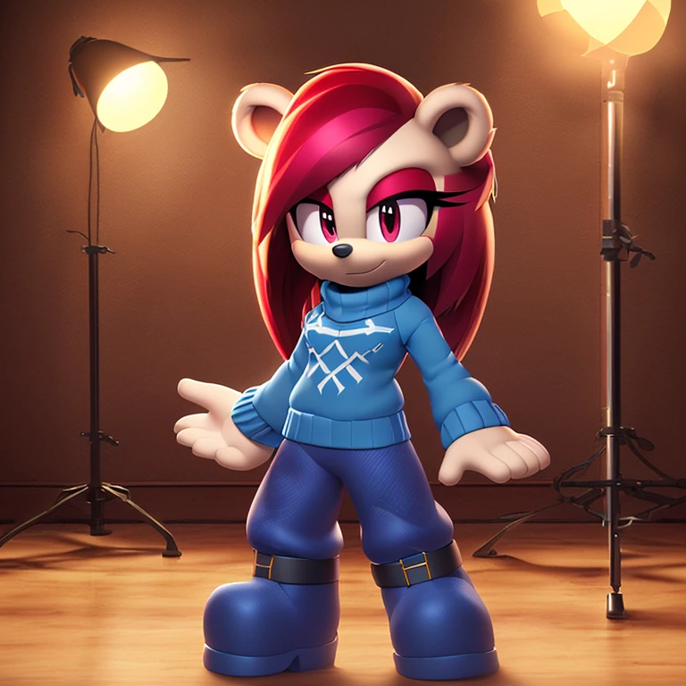 (((mobian, polar bear, female, , well built, average , long straight hair, hair dow to middle of back, tied into ponytail, crimson hair with a white streak, red eyes, tomboy, snow pants, blue sweater, heavy boots, front view))), (((open tundra))), (((masterpiece, hd, 8k, highly detailed, studio quality, best quality, intricate detail, high quality, high detail, high resolution, detailed hands, studio lighting, detailed shadows, raytracing, digital art, featured on pixiv, the most beautiful image ever seen, realistic)))