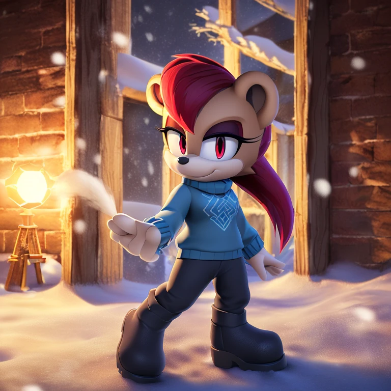 (((mobian, polar bear, female, ager, well built, average , long straight hair, hair dow to middle of back, tied into ponytail, crimson hair with a white streak, red eyes, tomboy, snow pants, blue sweater, heavy boots, front view))), (((open tundra))), (((masterpiece, hd, 8k, highly detailed, studio quality, best quality, intricate detail, high quality, high detail, high resolution, detailed hands, studio lighting, detailed shadows, raytracing, digital art, featured on pixiv, the most beautiful image ever seen, realistic)))