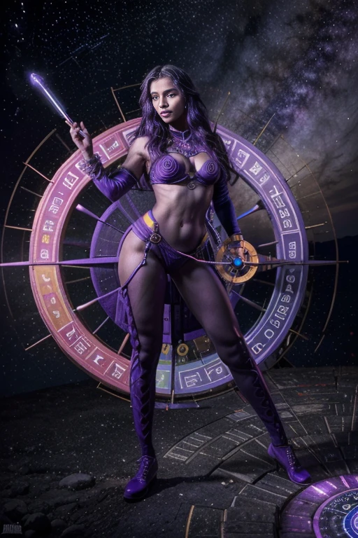 A human figure who personifyng The Wheel of Fortune, dressed in violet,blue, rich purple and bright blue rayed yellow, intelligence of conciliation, the Lord of the Forces of Life, Jupiter, Caza art, digital art