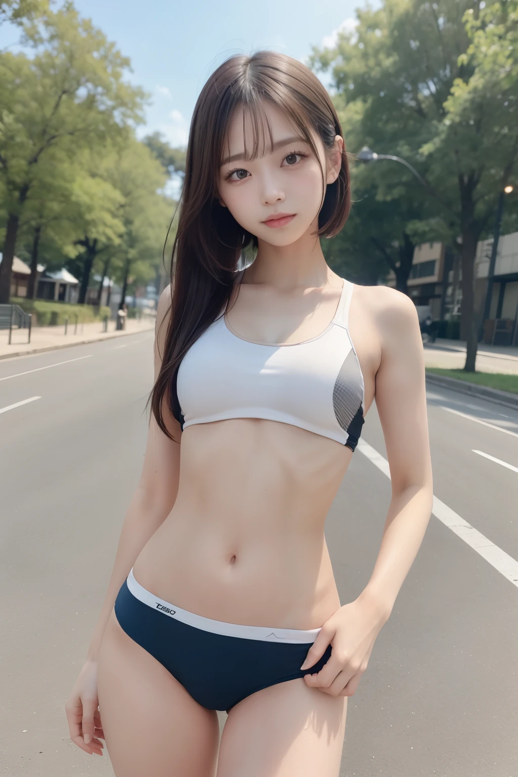 Girls and girls, ((sportswear)), sports bra, bloomers, shorts, light smile, outdoors, pants, thighs, ((tanned skin)), dark skin, prison,