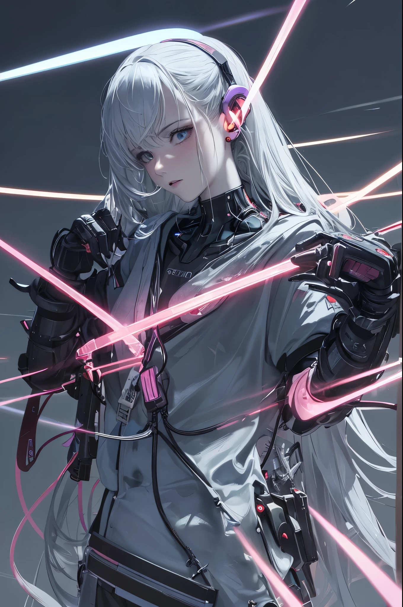 Top quality, masterpiece creation: 1.4,
Ultra-high resolution image, Reality immersed: 1.4,
Original concept: A Cyberpunk Girl,
Smooth, ultra-realistic skin with details intricately defined,
Complex mechanical limbs, intricately connected by pipes and components,
Mechanical vertebrae attached to the spine,
Neck fixation device with wires and cables delicately coiling around,
Neon Genesis Evangelion and Ghost in the Shell inspired,
Small, bright blue LED light glowing,
Global Illumination and Deep Shadows crafting depth,
Octane R