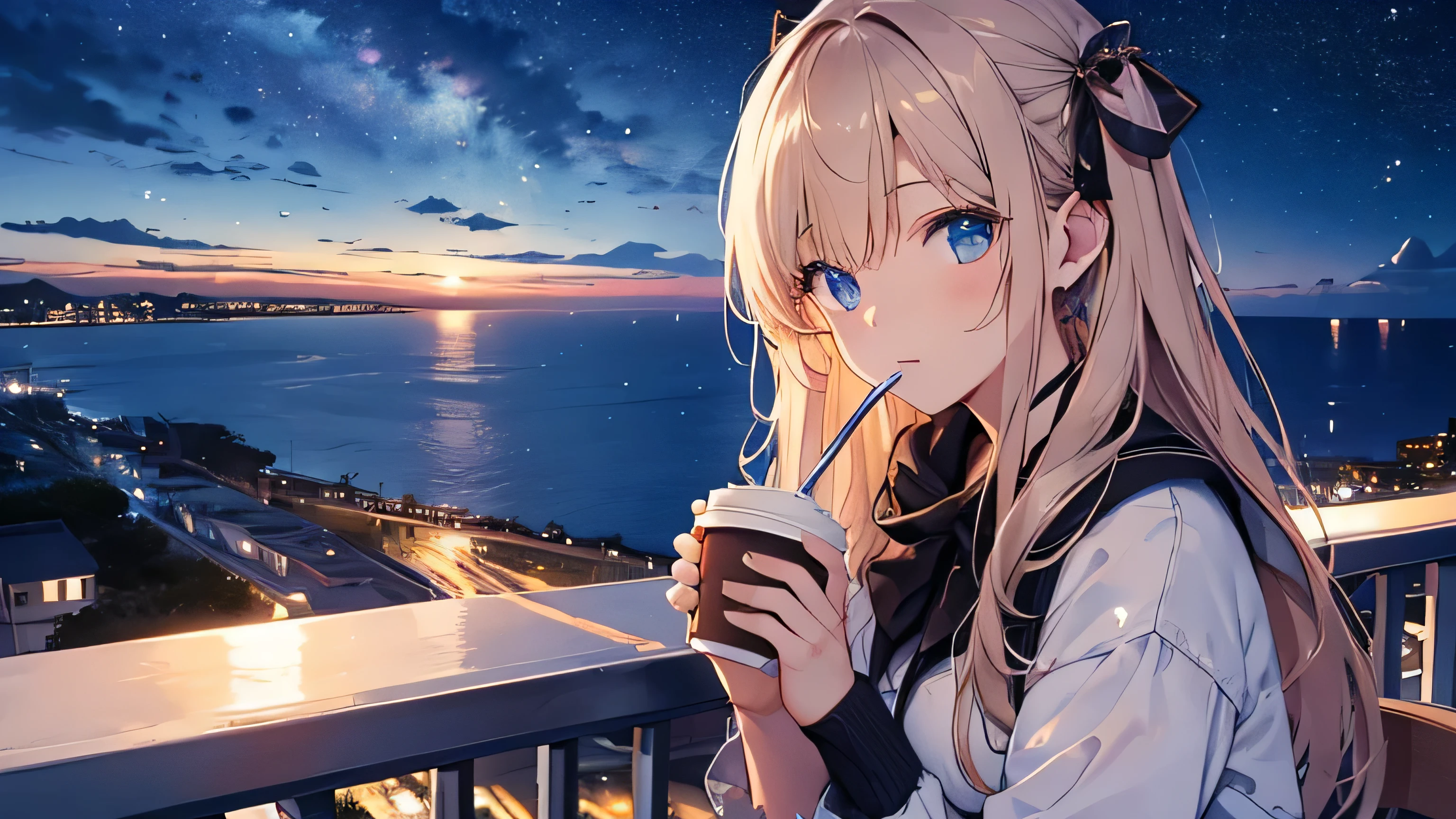 Beautiful girl drinking coffee on the balcony of a cafe Night view Ocean Starry Sky