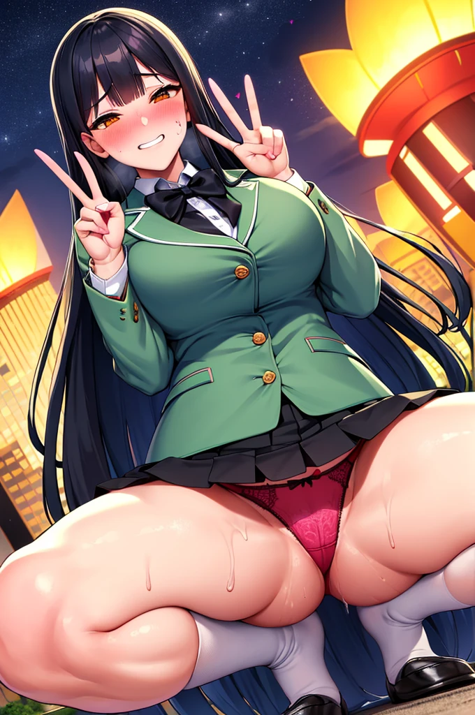 (nsfw),masterpiece,ultra detailed,sharp focus,4k digital art,high resolution,(double peace,peace sign,v sign with both hands:1.5),(suffering and blushed:1.5),bukkake,tareme,(adult beautiful face,curvy adult female:1.3),(from below,upskirt:1.2),navy blazer,dress shirt,navy pleated skirt,bow tie,(black hair,long straight hair),(at natural public park),night,outdoor,night sky,(sweaty:1.2),grinning,(trembling,flying heart-shapes),(squatting and spreading legs),pubic hair,sexy undies,loafers