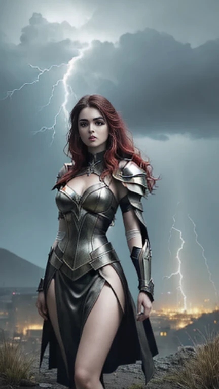 a woman in a costume standing on a hill With Lightning in the background, Goddess of Thunder, wearing thunder armor, Maya Ali as the Lightning Magician, She's attracting lightning, Lightning Fantasy Magic, Fantasy Character Pictures, Lightning flashes behind her, Lightning in the movie, Female lightning Jenasi, Magnificent lightning, With Lightning, amouranth as a super villain