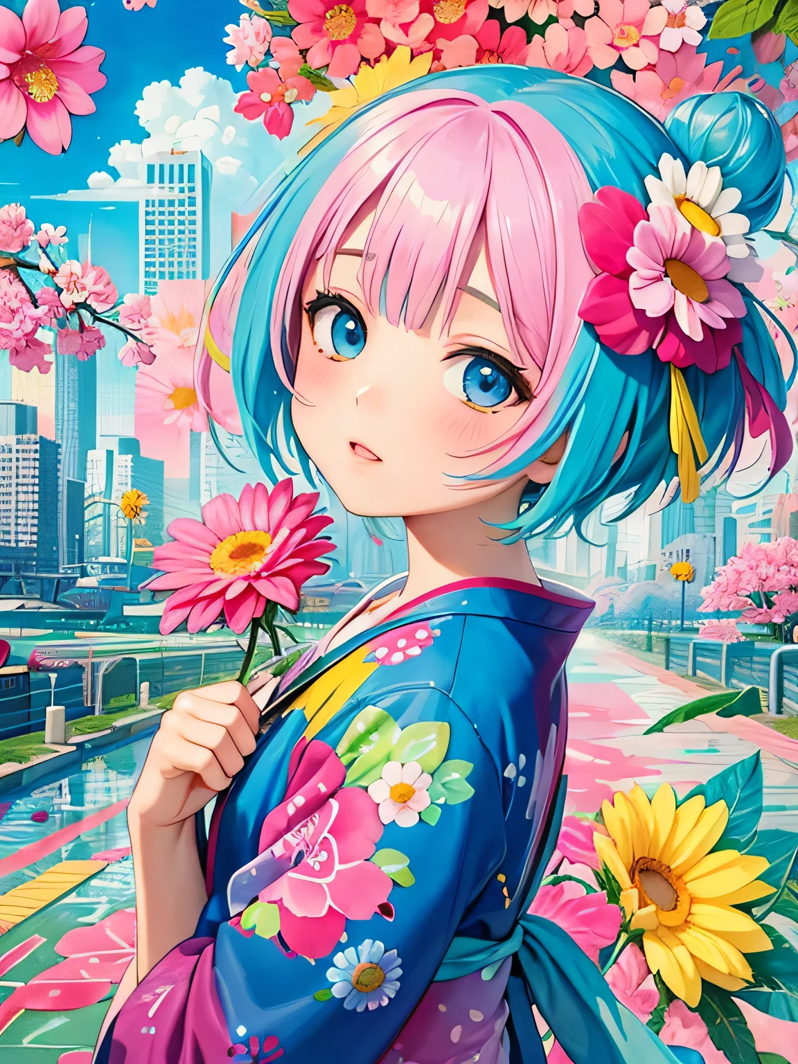 Momoko Sakura style、8K quality, Takashi murakami'illustration of, intense watercolor, watercolor detailed art, watercolor splash, surreal, avant-garde pop art, Beautiful and expressive paintings, beautiful artwork illustration of, very colorful tones, wonderful, cool beauty, highest quality,official art, vector art,stylish design, ((most beautiful girl ever))), (((highest quality))), HDR, ((Detailed details)), (((graffiti art))), ((masterpiece))、((Super detailed))、(((colorful flowers)))、(((futuristic cityscape)))