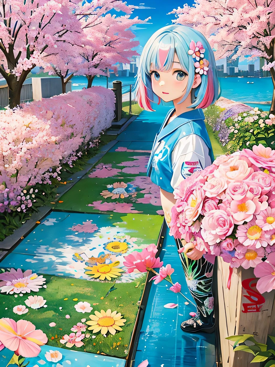 Momoko Sakura style、8K quality, Takashi murakami'illustration of, intense watercolor, watercolor detailed art, watercolor splash, surreal, avant-garde pop art, Beautiful and expressive paintings, beautiful artwork illustration of, very colorful tones, wonderful, cool beauty, highest quality,official art, vector art,stylish design, ((most beautiful girl ever))), (((highest quality))), HDR, ((Detailed details)), (((graffiti art))), ((masterpiece))、((Super detailed))、(((colorful flowers)))、(((futuristic cityscape)))