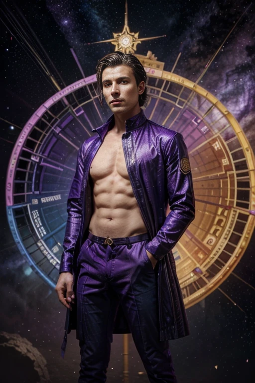 A male human figure who personifyng The Wheel of Fortune, dressed in violet,blue, rich purple and bright blue rayed yellow, intelligence of conciliation, the Lord of the Forces of Life, Jupiter, Caza art, digital art